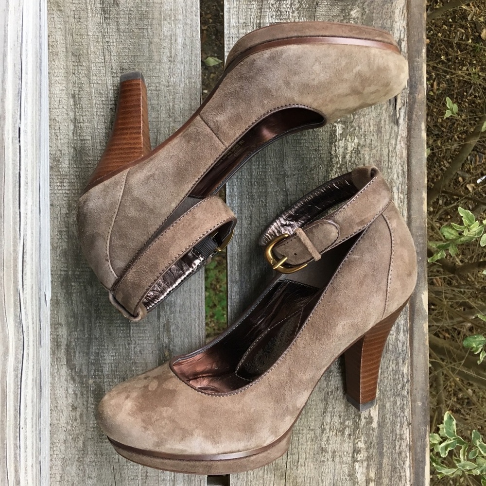 Sofft Taupe Suede Platform Ankle Strap Heels